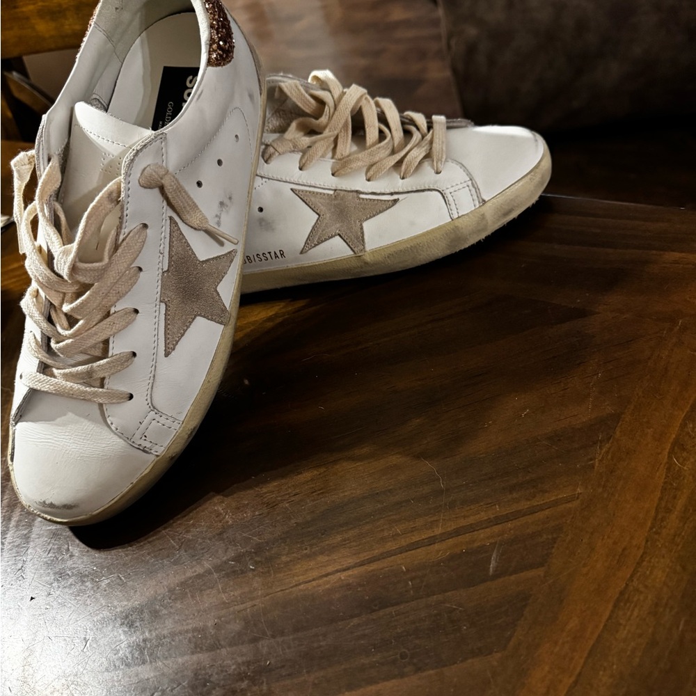 Golden Goose Superstar Sneakers White Leather Gold Glitter Heel - Size 41